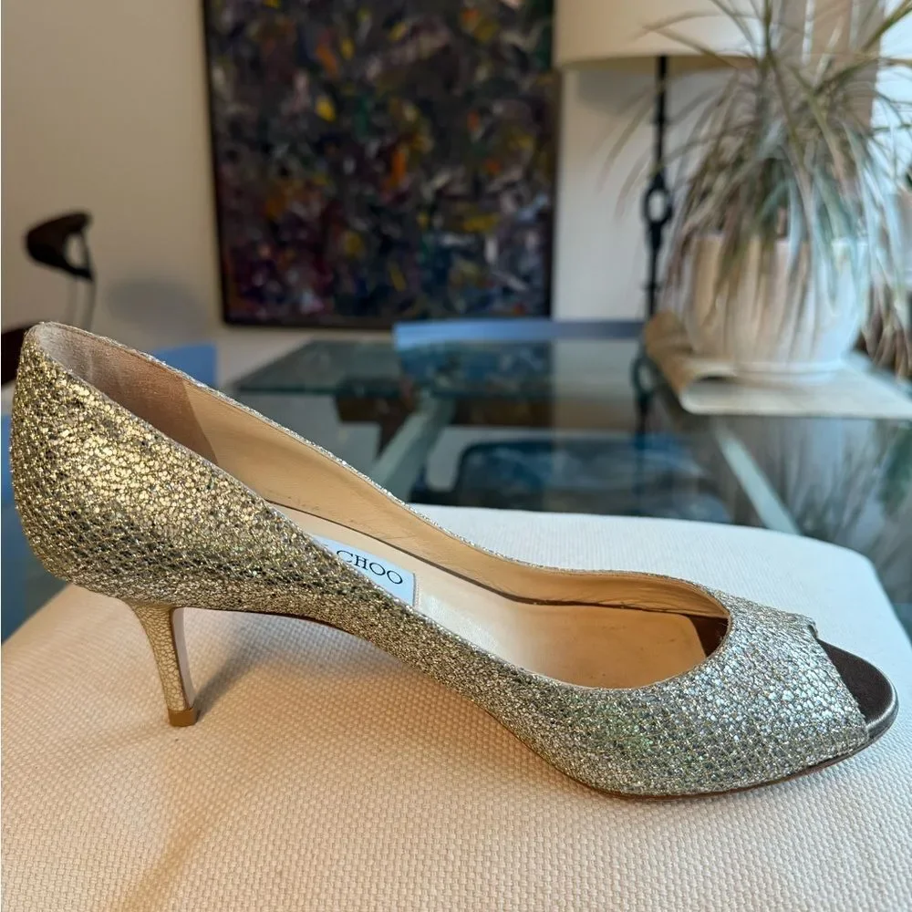 Jimmy Choo Isabel Metallic Gold/Champagne Glitter Peep Toe Pump. Size 38. - Picture 3 of 8